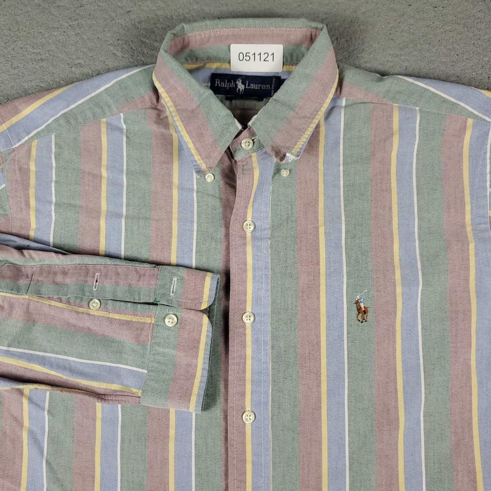 Ralph Lauren Shirt Mens Size 17 Green Blue Striped Dress Button Up Long Sleeve